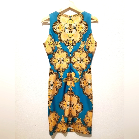 💚5/$25 New York & Company Stretch Teal & Gold Medallion Boho Print Midi Dress - Picture 4 of 5